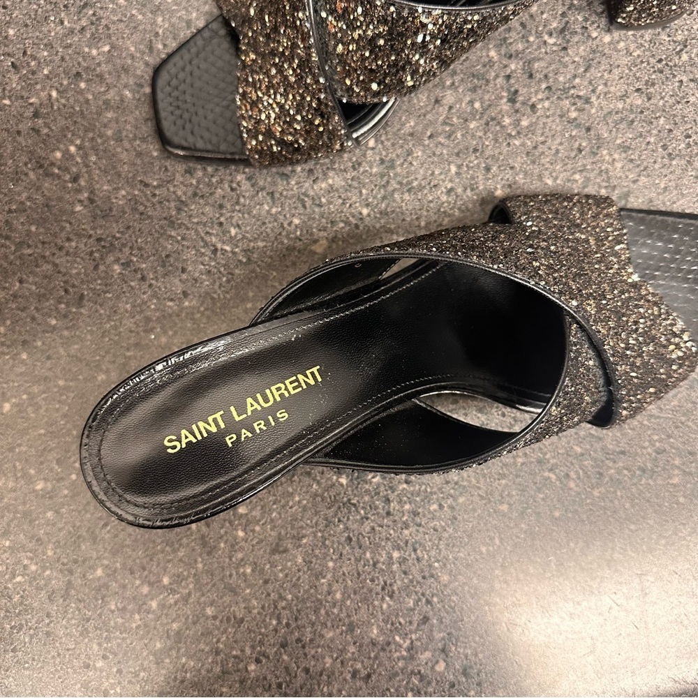 Saint Laurent Black and Gold Glitter Crisscross Block Heel Mules - Picture 10 of 13